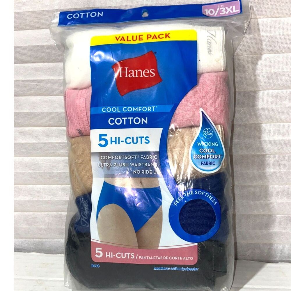 Hanes Panties Womens Size 10/3XL Tagless Hi-cuts 5 Pack Cotton Multicolor New.